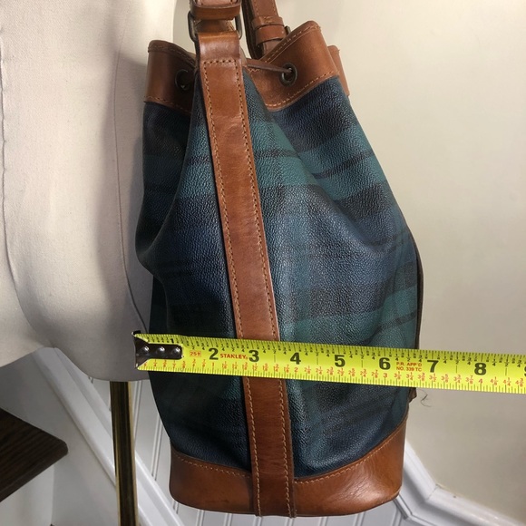 RALPH LAUREN Black Watch Plaid LRG Leather Canvas Drawstring Bucket Shoulder Bag - Picture 17 of 17